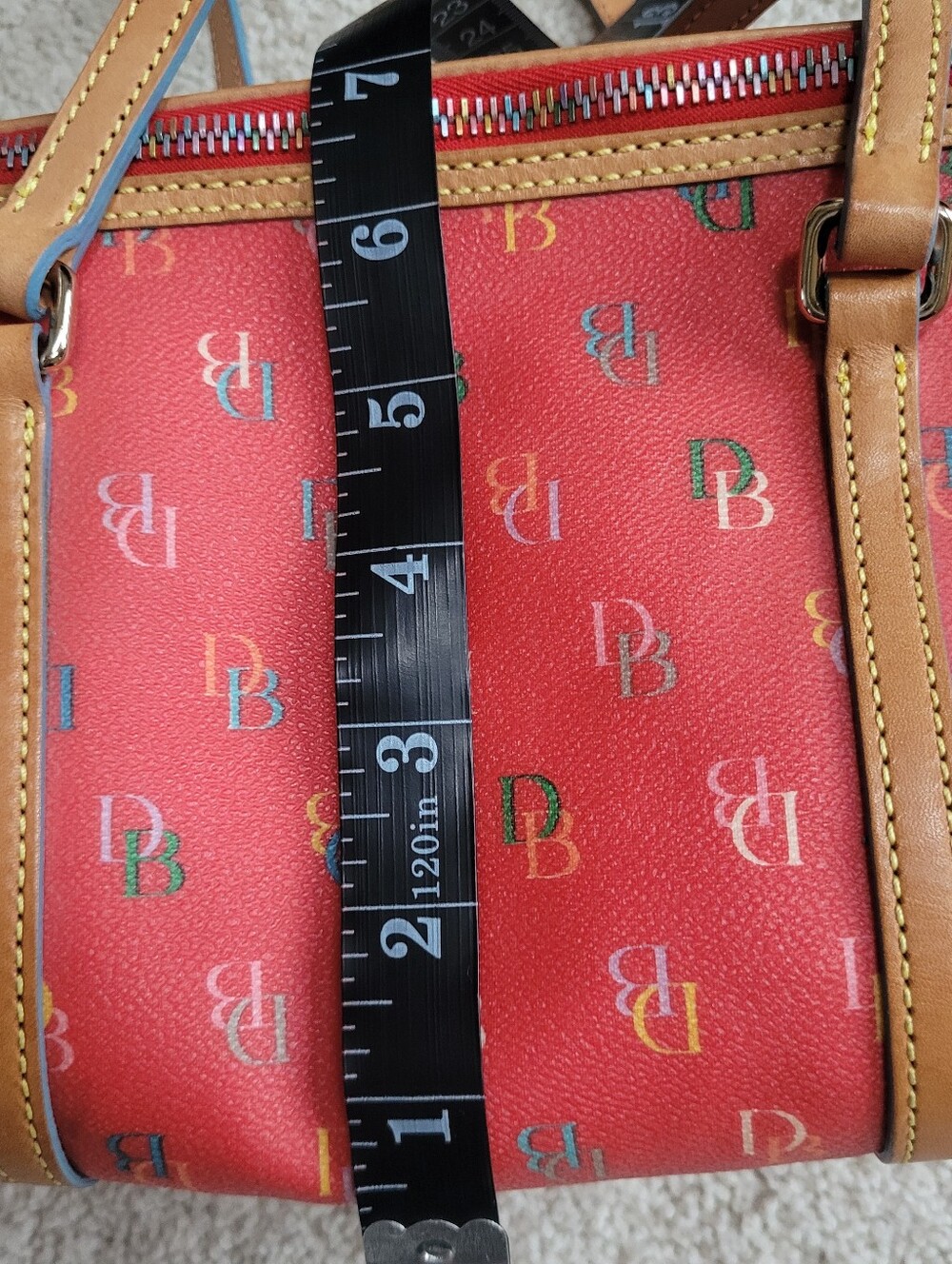 *Rare* Y2K Dooney & Bourke Barrel Shoulder Bag Rainbow Monogram Vachetta Leather - Picture 10 of 11